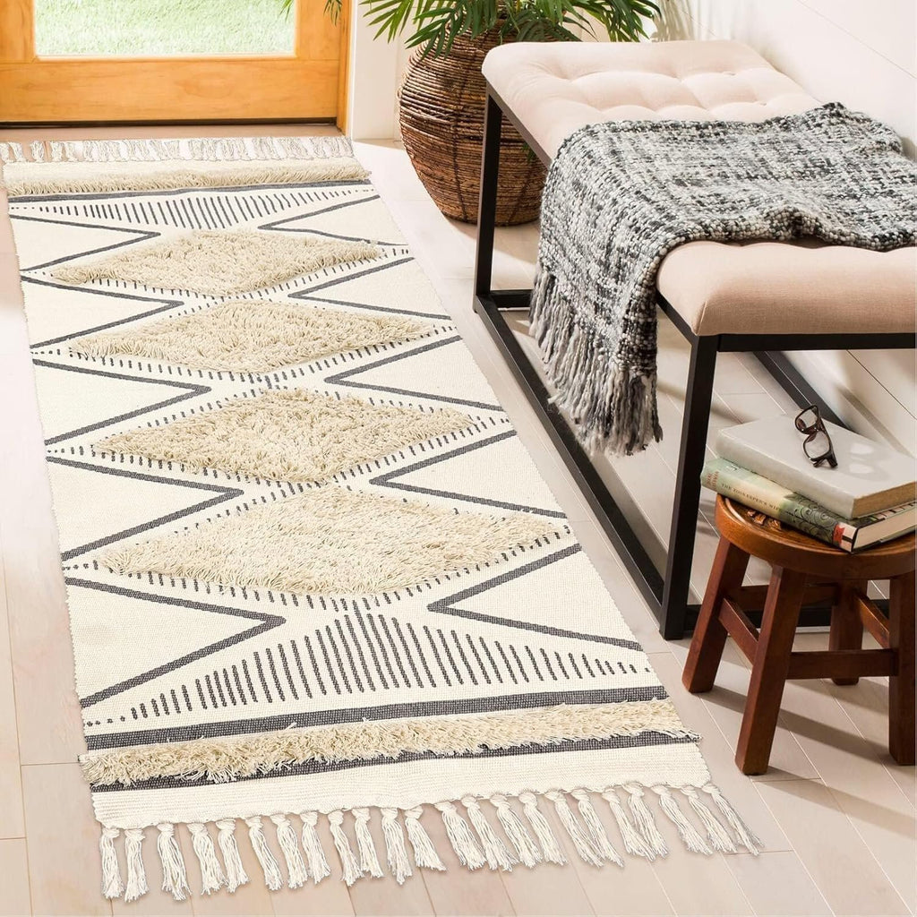 Handgeweven katoenen vloerkleed – natuurlijke vezels – 60x152 cm (2x5 ft) – witte driehoek
