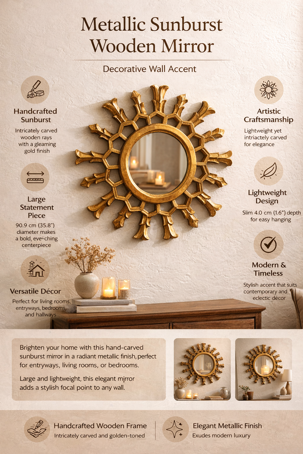 Sunburst houten wandspiegel – decoratieve spiegel