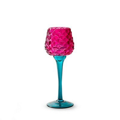 Theelichthouder op voet 'pinecone' fuchsia petrol blauw h22 d8 cm