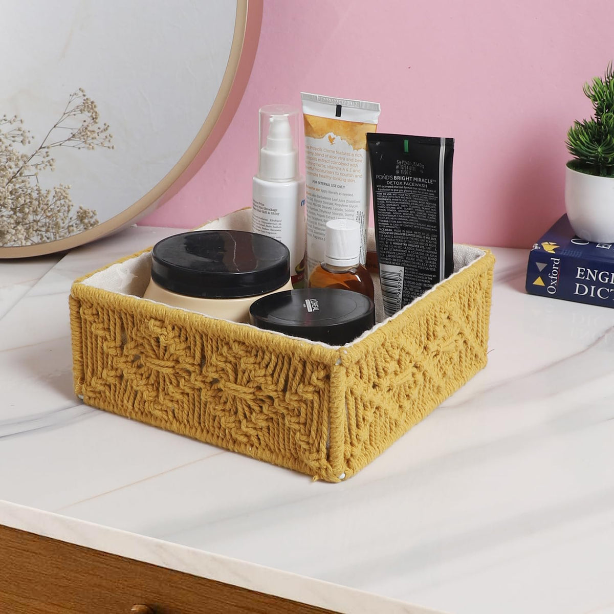 Mosterd geweven katoenen mand – Duurzaam handgemaakt – 8x8x3 Inch