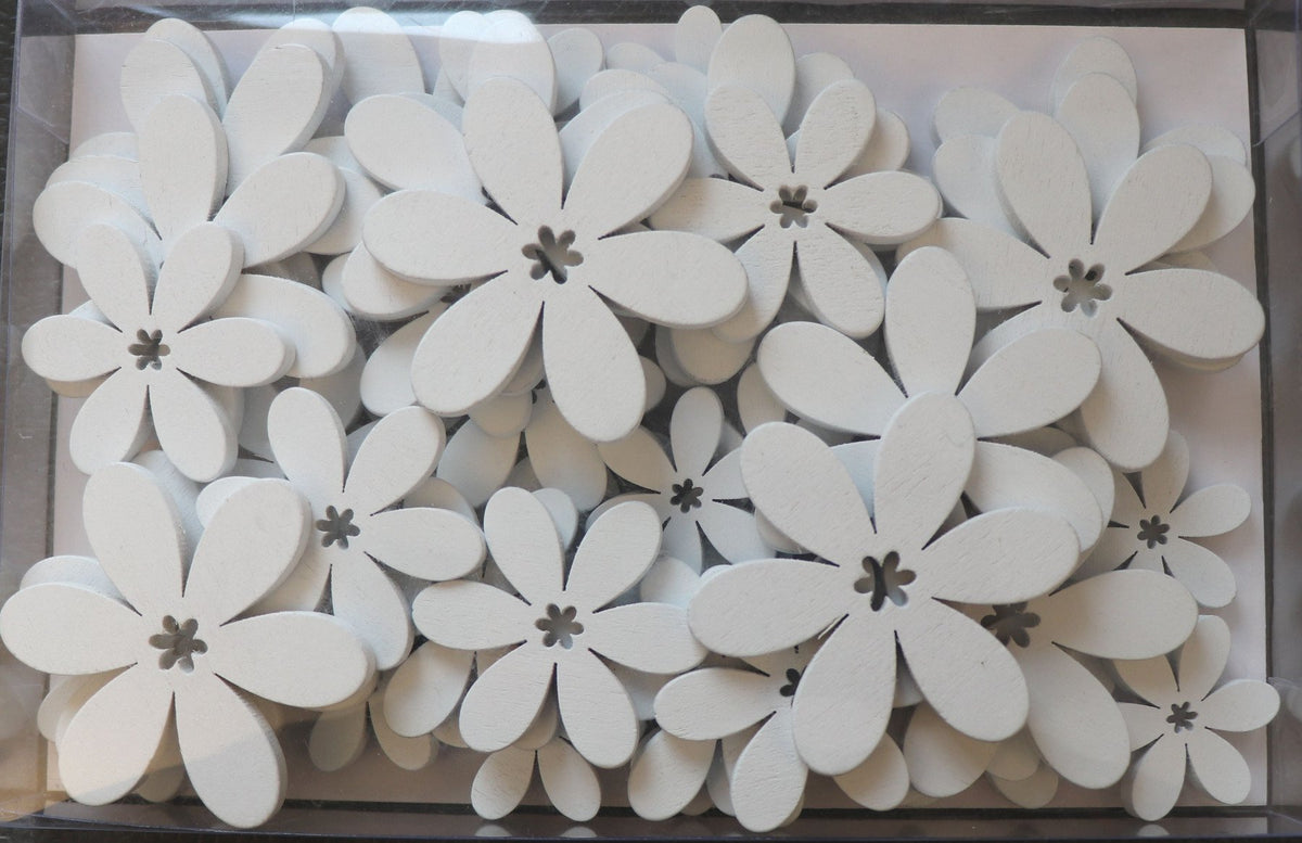 Houten bloemen 48st 5.5x4x3cm wit