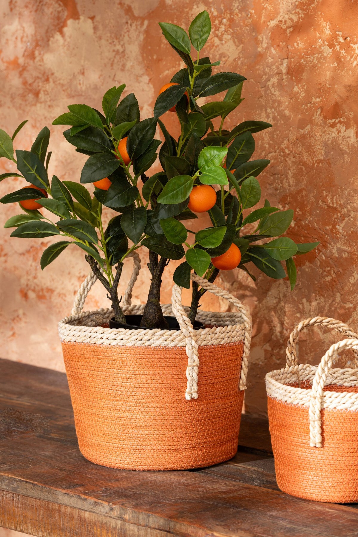 J-Line mand met handvatten - papier - naturel/donkeroranje - set van 3