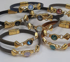Nexus leren armband glas kristal 24K verguld