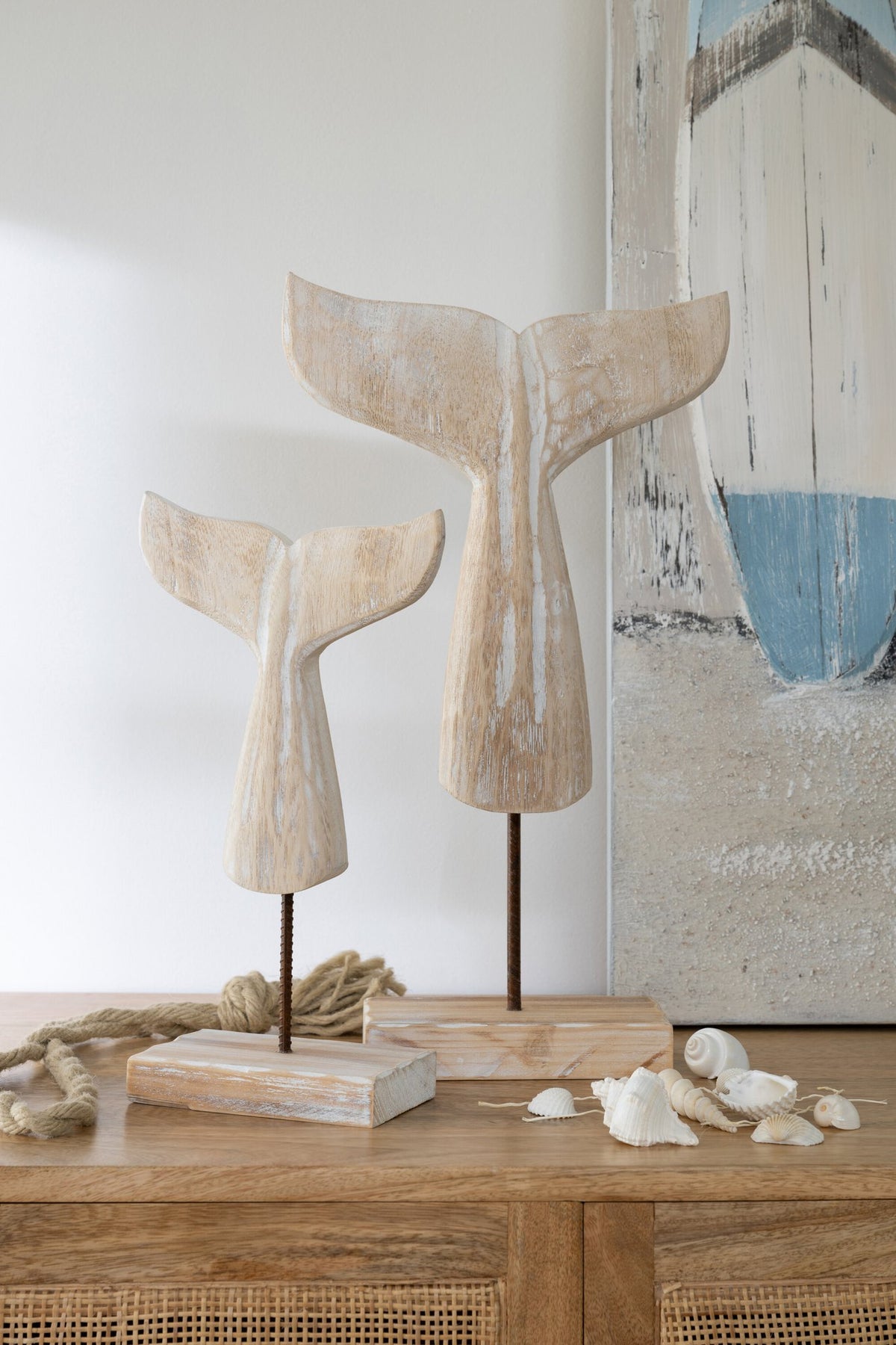 J-Line decoratie Walvis Staart Witgewassen - hout - naturel - L
