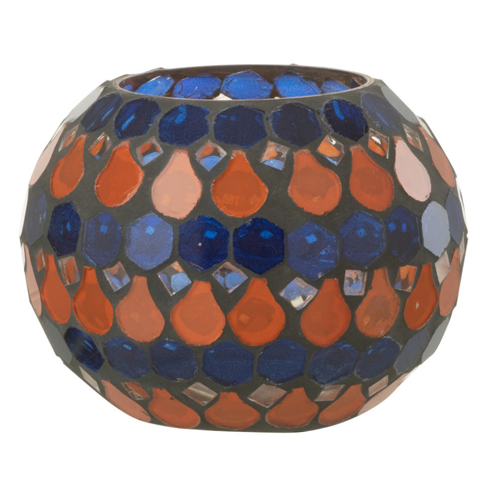 J-Line Teelicht Houder Mozaiek Druppel Glas Oranje/Blauw Small
