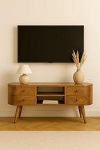 Massief houten rond entertainmentmeubel, 1 lade, bruin
