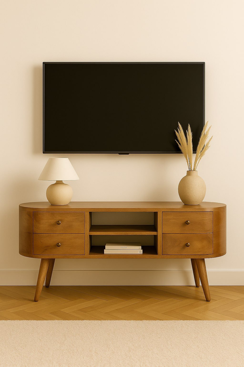 Massief houten rond entertainmentmeubel, 1 lade, bruin