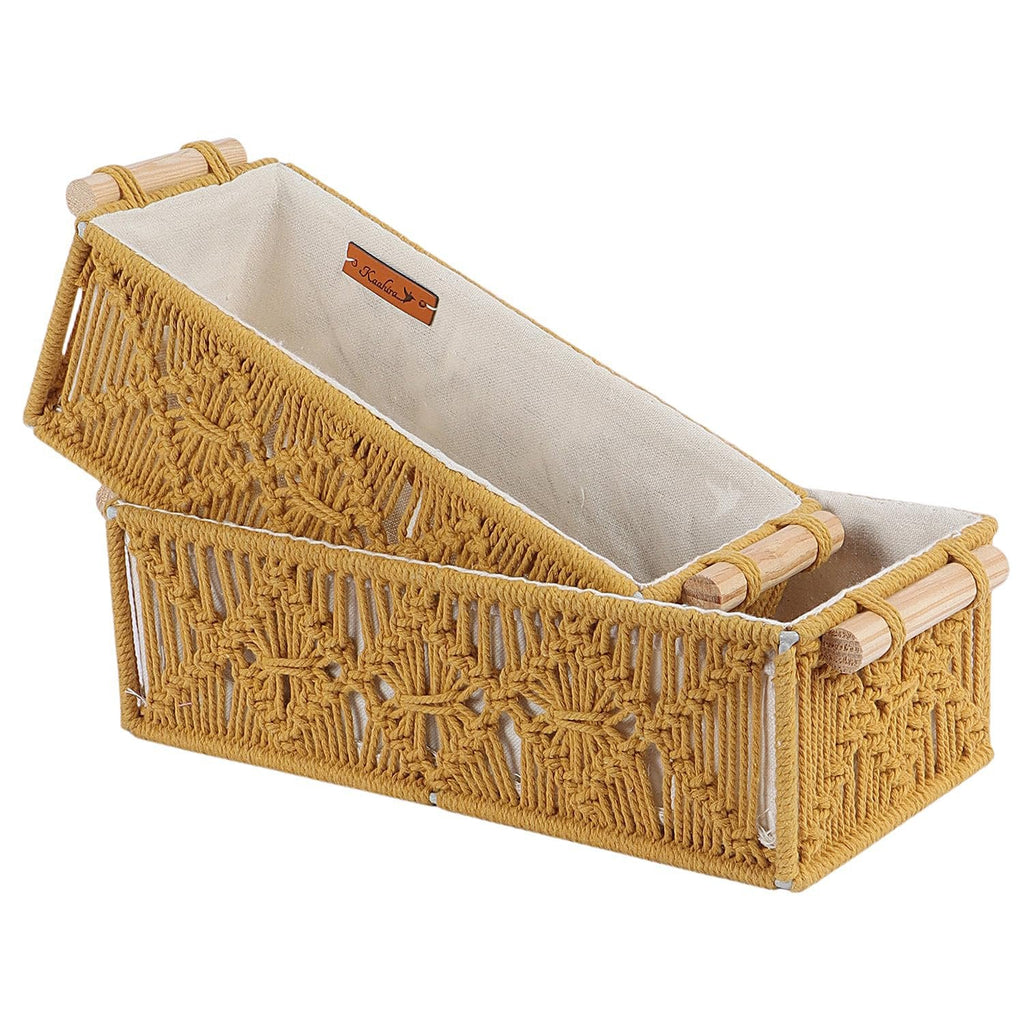 Mosterd handgemaakte decoratieve mand van katoen – set van 2 stuks