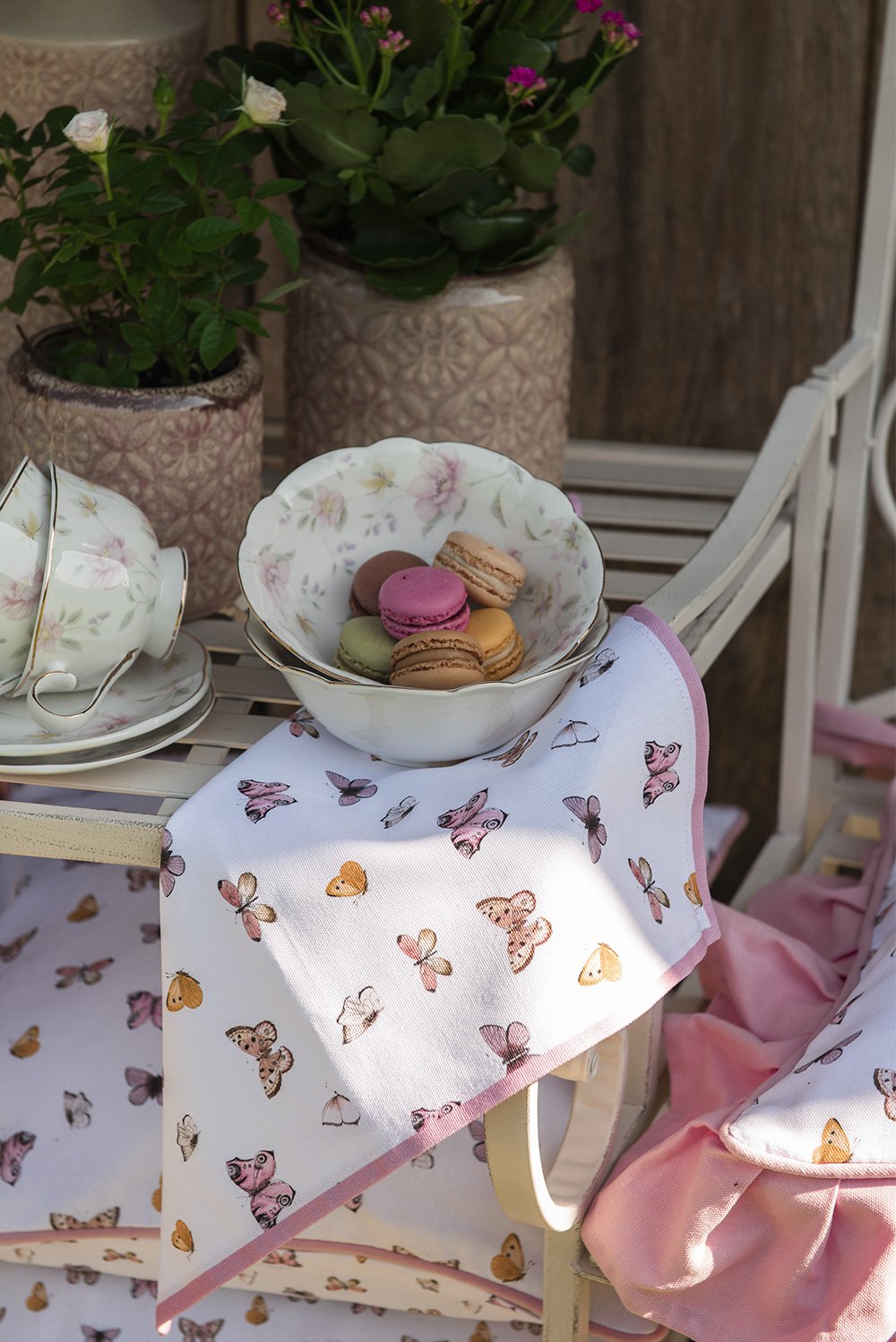 Tafelloper 50x160 cm Beige Roze Katoen Vlinders Tafelkleed