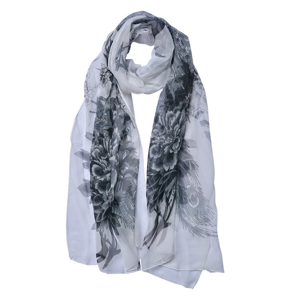 Sjaal Dames Print 50x160 cm Wit Grijs Synthetisch Bloemen