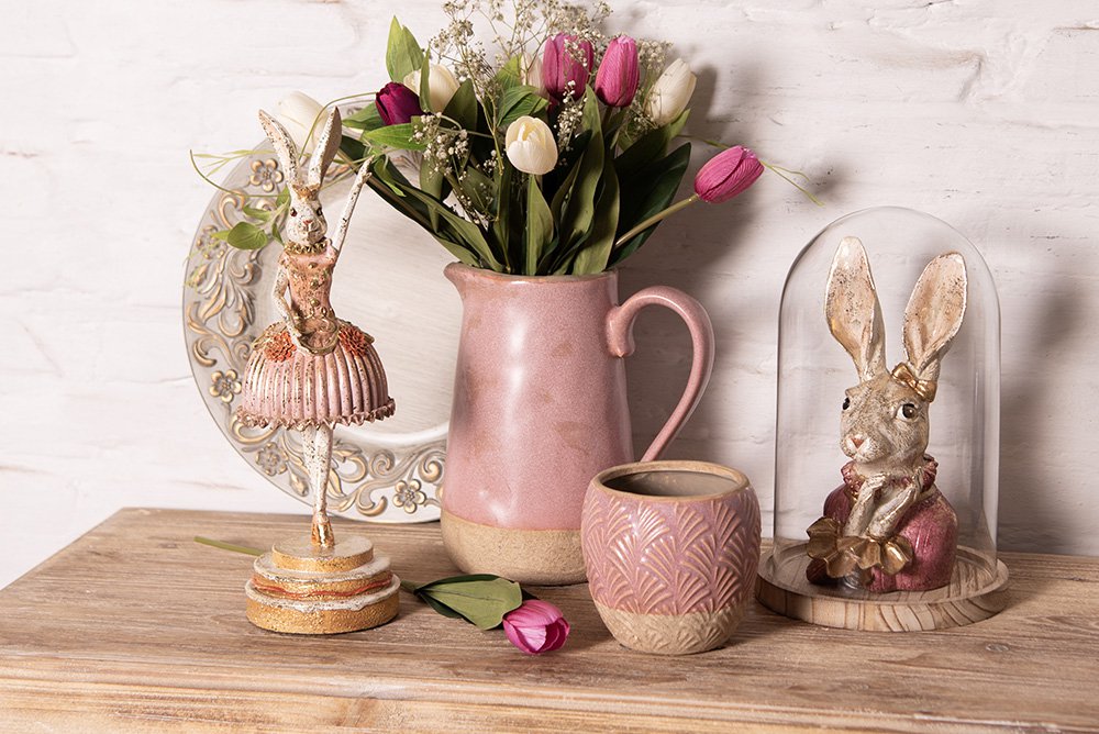 Beeld Konijn 11x12x24 cm Beige Roze Polyresin