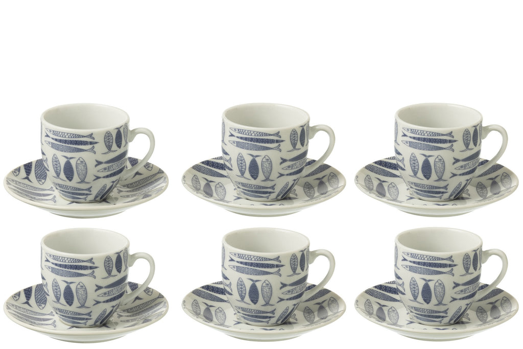 J-Line Doos 6 Kopjes+Schaal Vis Keramiek Donkerblauw