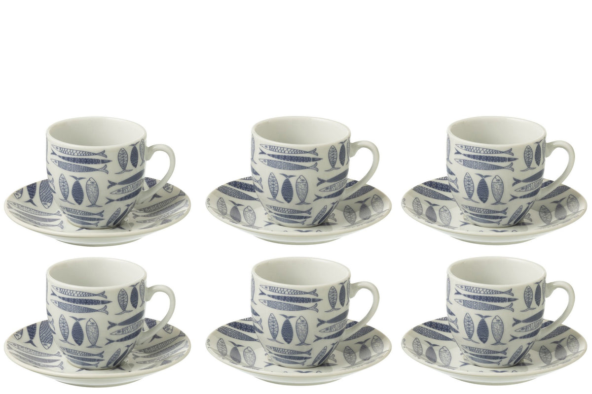 J-Line Doos 6 Kopjes+Schaal Vis Keramiek Donkerblauw