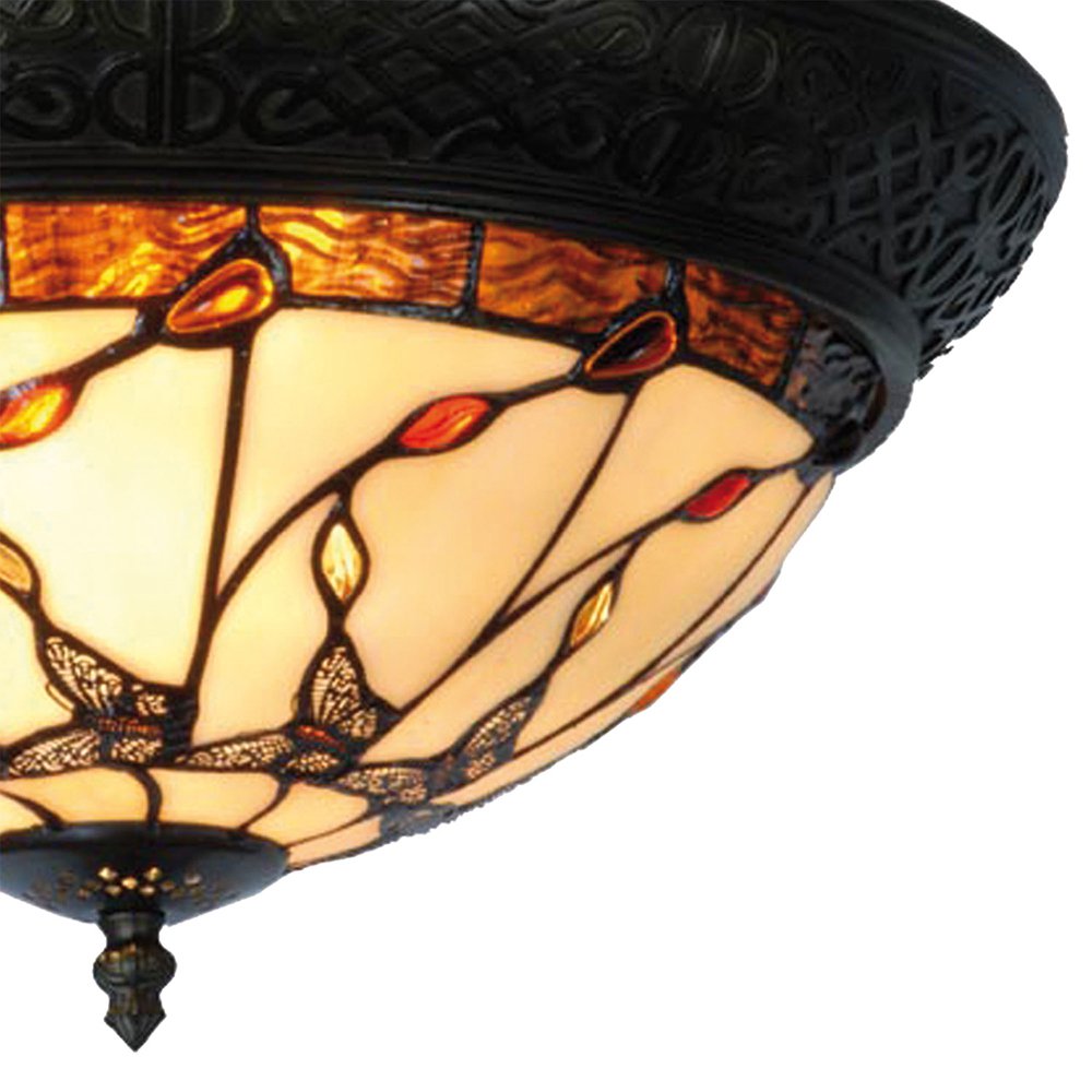 Plafondlamp Tiffany Ø 38x19 cm Beige Bruin Glas Vlinder Plafonniere