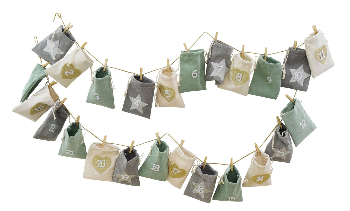 Stoffen adventkalender met 24 zakjes 29x275x21cm grijs/wit