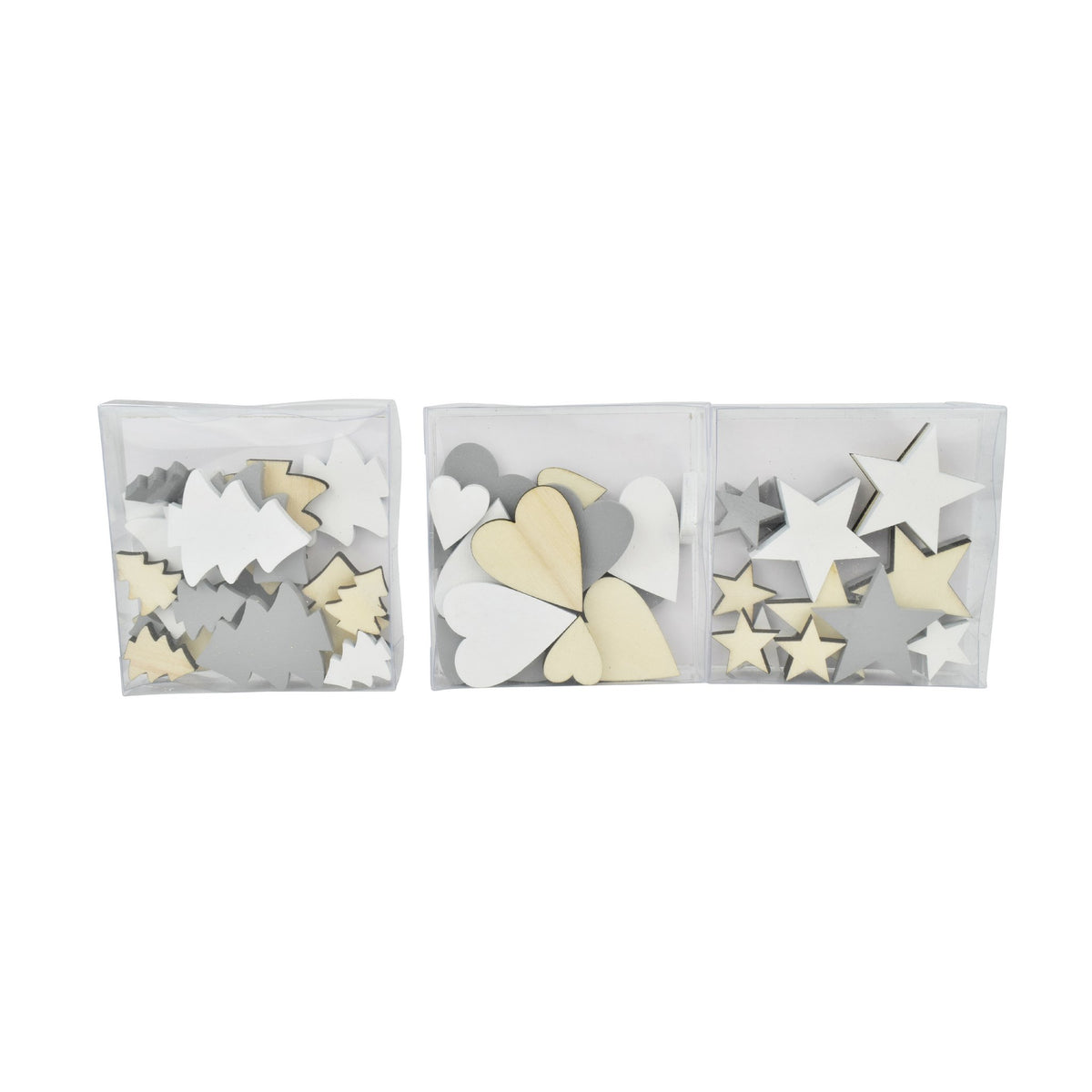 Strooideko hart/boom/ster hout 18st 2-4cm wit/naturel/grijs