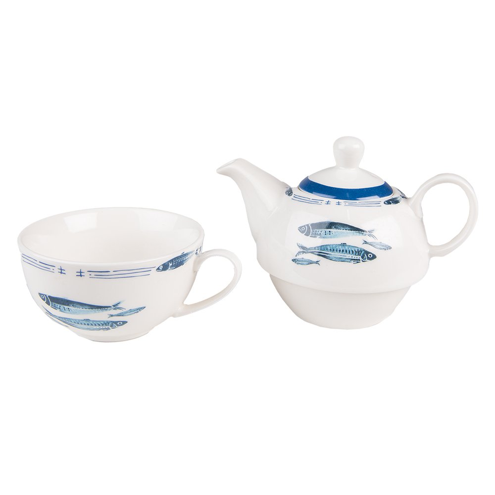 Tea for One 400 ml Wit Blauw Porselein Vissen Theepot set