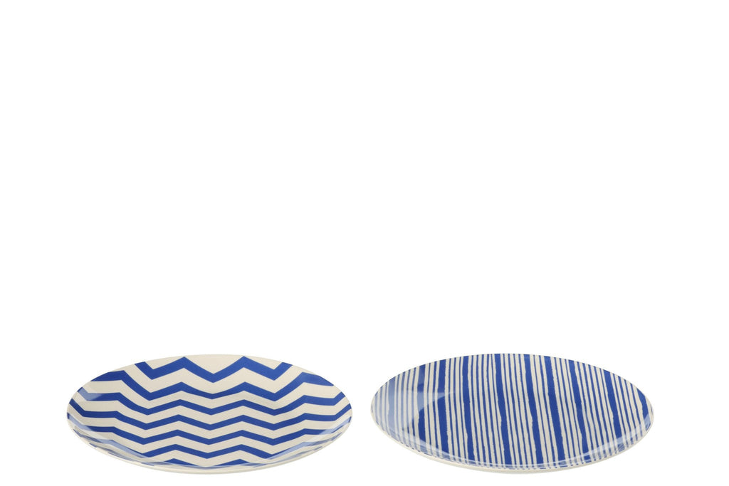 J-Line bord Dessert Gestreept - porselein - blauw/wit - S - set van 2