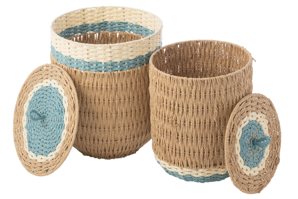 J-Line mand met deksel - papier - naturel/lichtblauw - set van 2