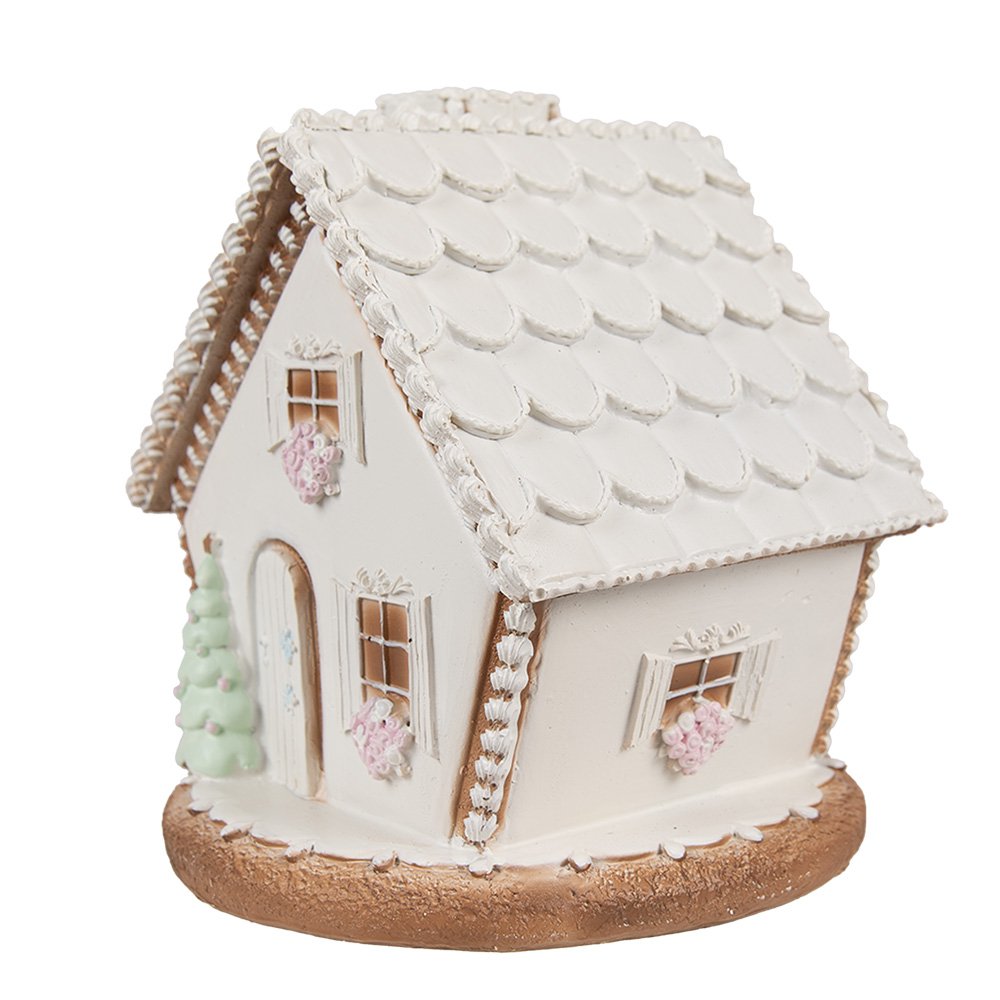 Gingerbread house met LED 17 cm Wit Polyresin Peperkoekhuisje