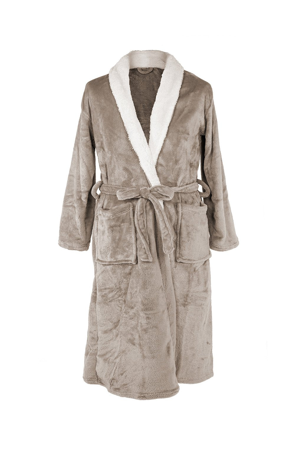 Badjas micro flanel uni (kraag in sherpa) - L/XL - unisex, taupe light