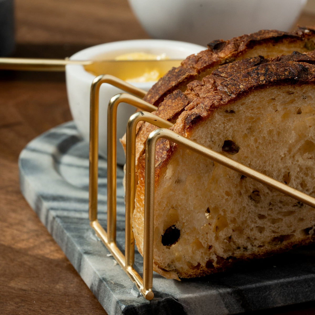 Grijs marmeren ontbijtdienblad - Toaststandaard met goudaccenten