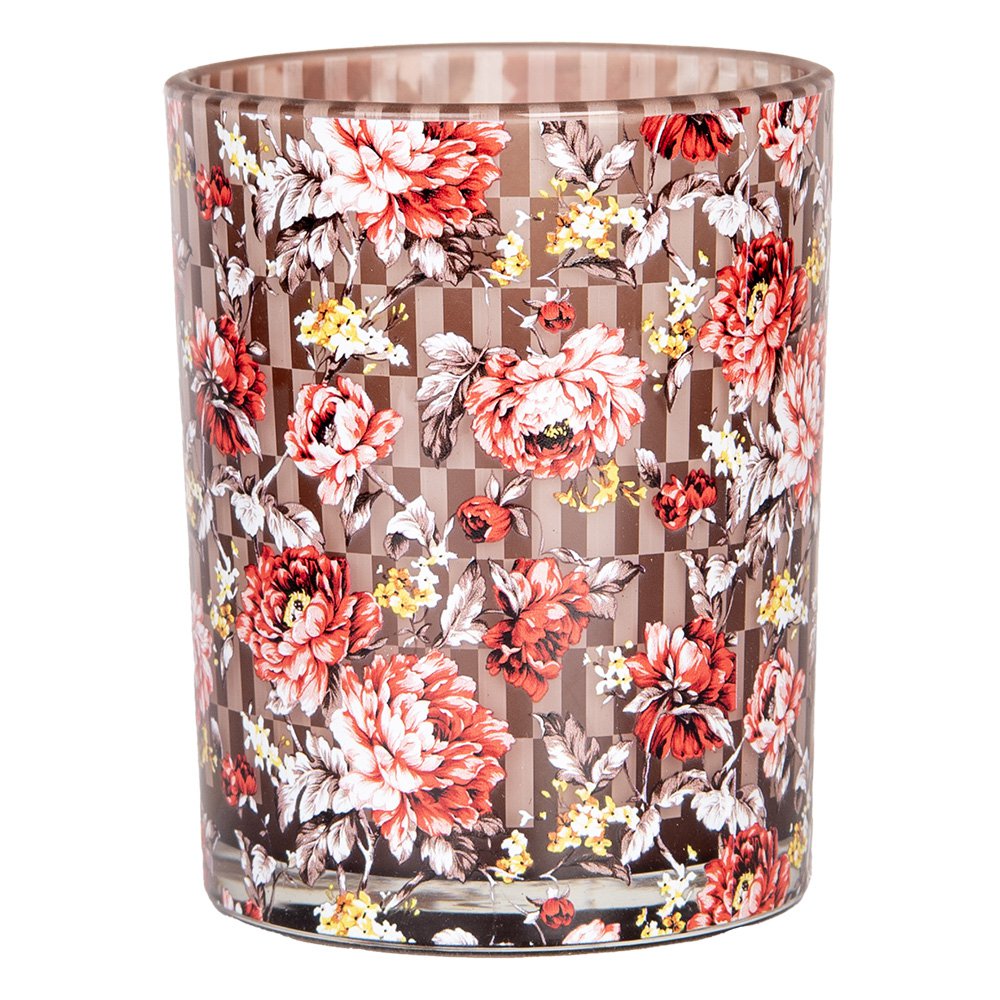 Theelichthouder Set van 2 Ø 7x8 / 10x13 cm Bruin Rood Glas Bloemen