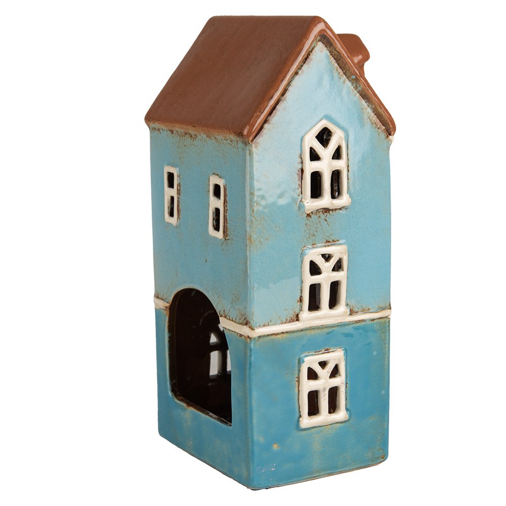 Waxinelichthouder Huis 11x9x22 cm Blauw Bruin Keramiek Theelichthouder