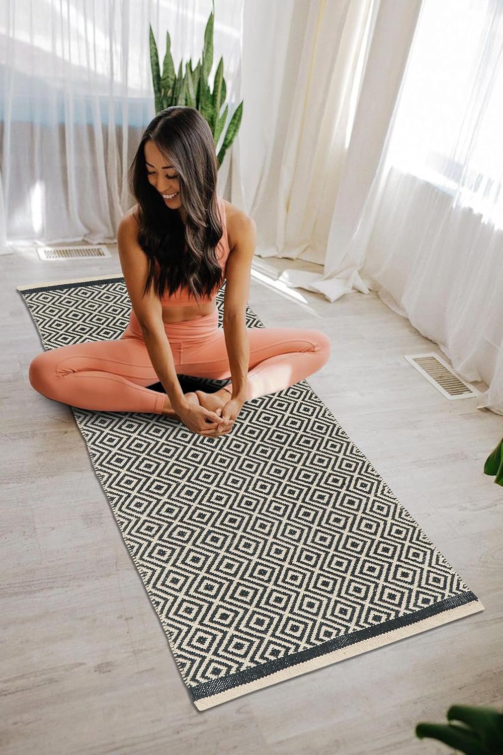 Vloerkleedloper van natuurlijk katoen – Handgeweven diamantontwerp – 60x152 cm (2x5 ft)