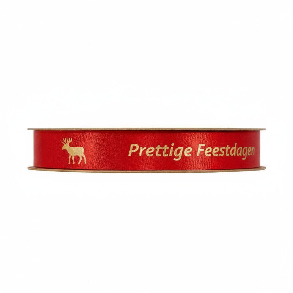 Satijn lint – Prettige Feestdagen – Rood - 15mm x 100m