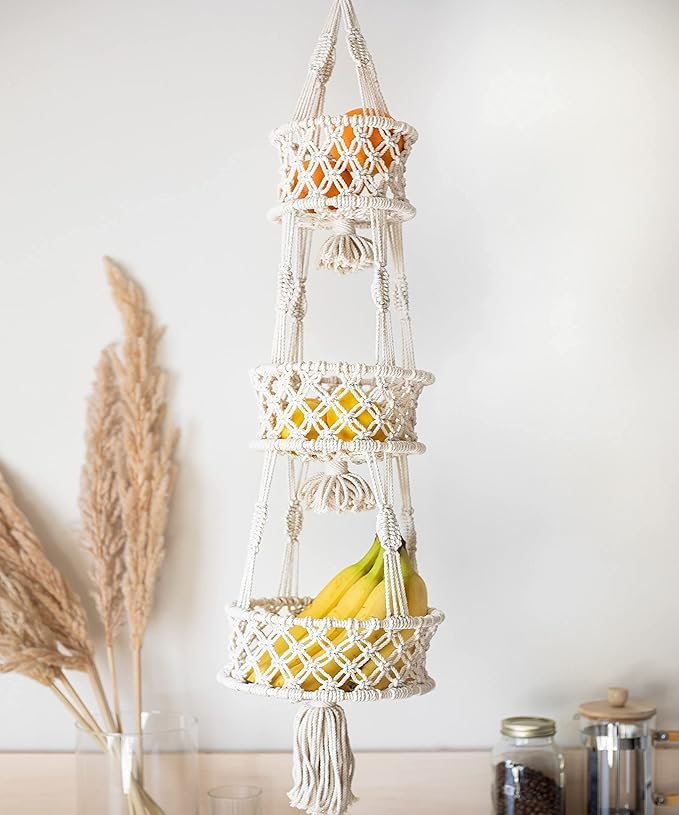 Hangende opbergmand van katoenmacramé – 3 lagen