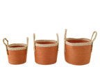 J-Line mand met handvatten - papier - naturel/donkeroranje - set van 3