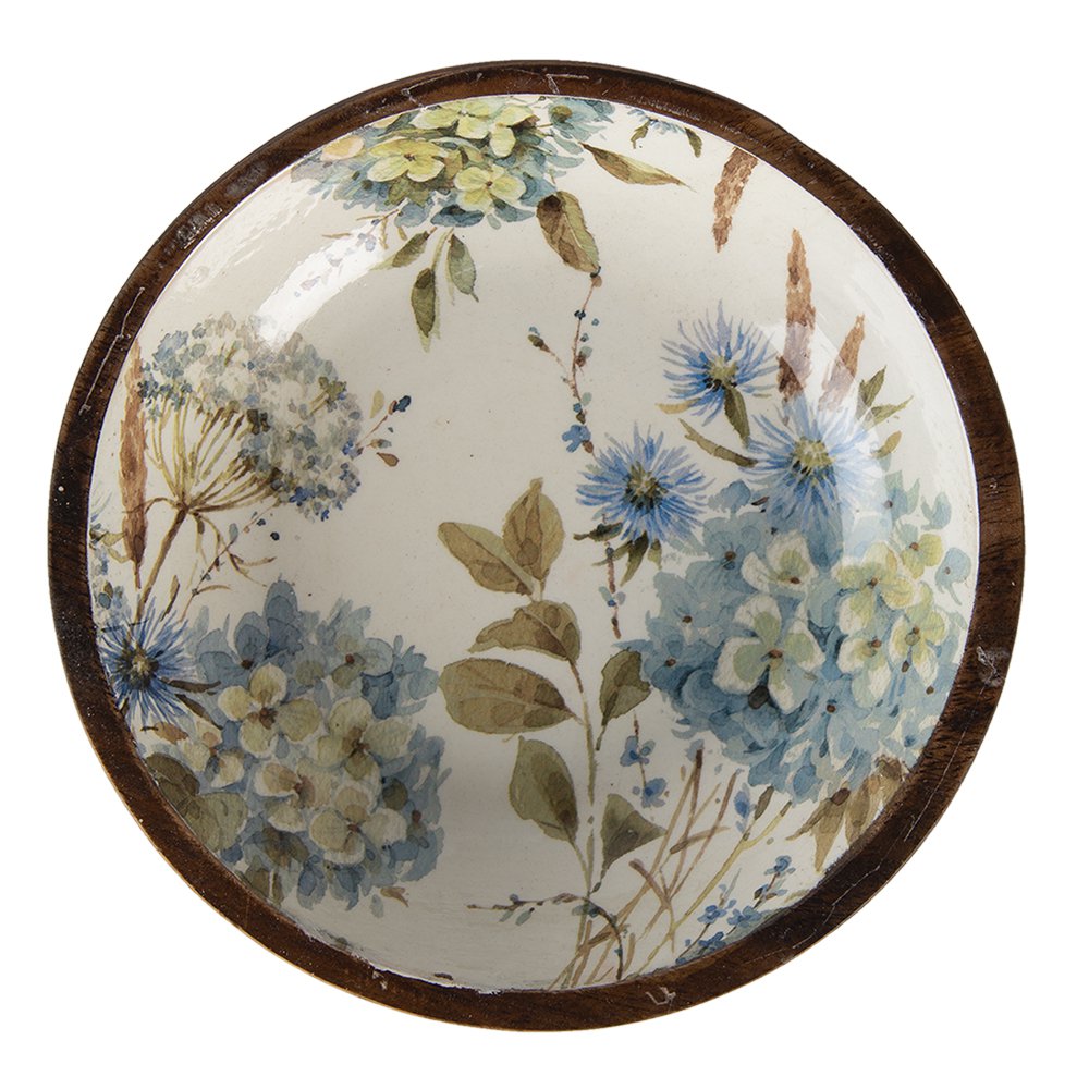 Serveerschaal Ø 24x4 cm Wit Blauw Hout Bloemen Presenteerschaal