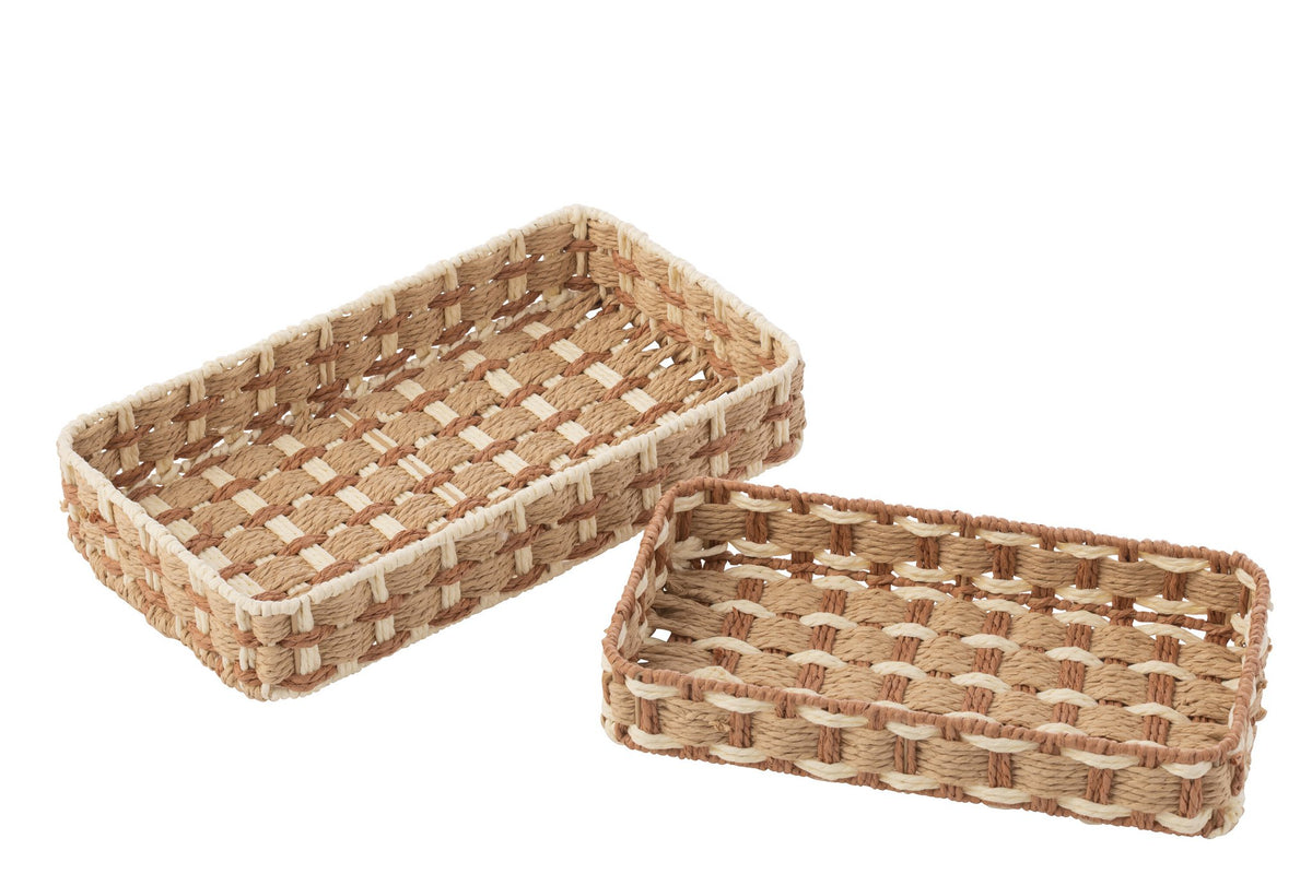 J-Line plateau Rechthoek - papier - naturel/wit - set van 2