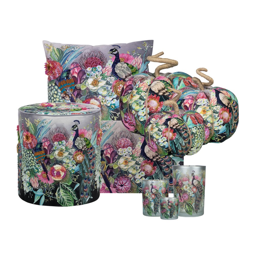 Handgemaakt decoratie fleury pompoen pauw bont small