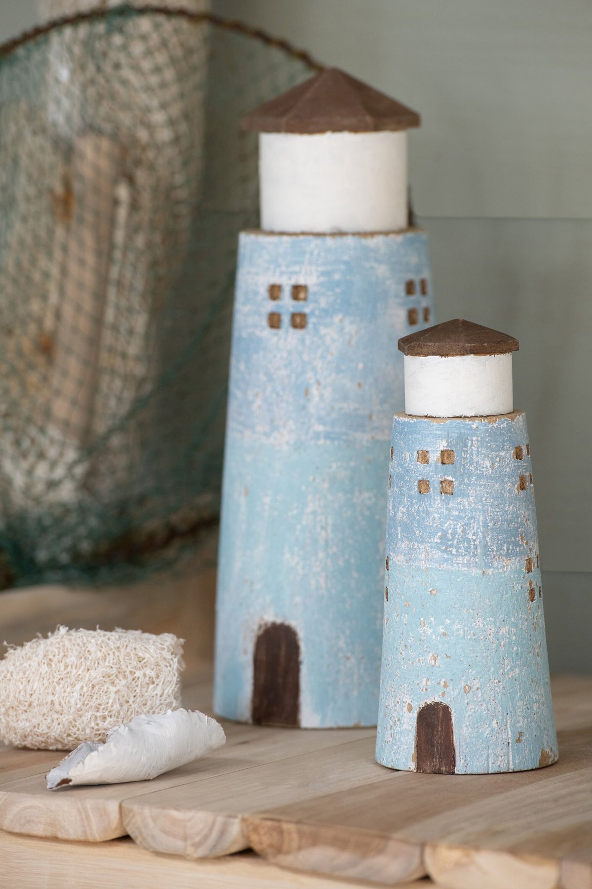J-Line decoratie Vuurtoren - hout - naturel/lichtblauw - L