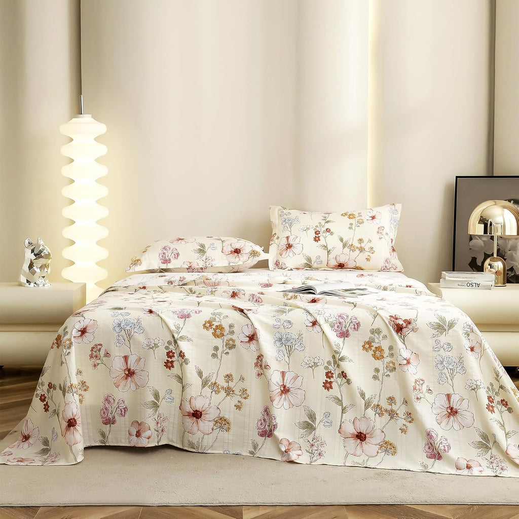 Kingsize laken - Cloud Cotton 300 TC - Bloemenmotief, 2 kussenslopen